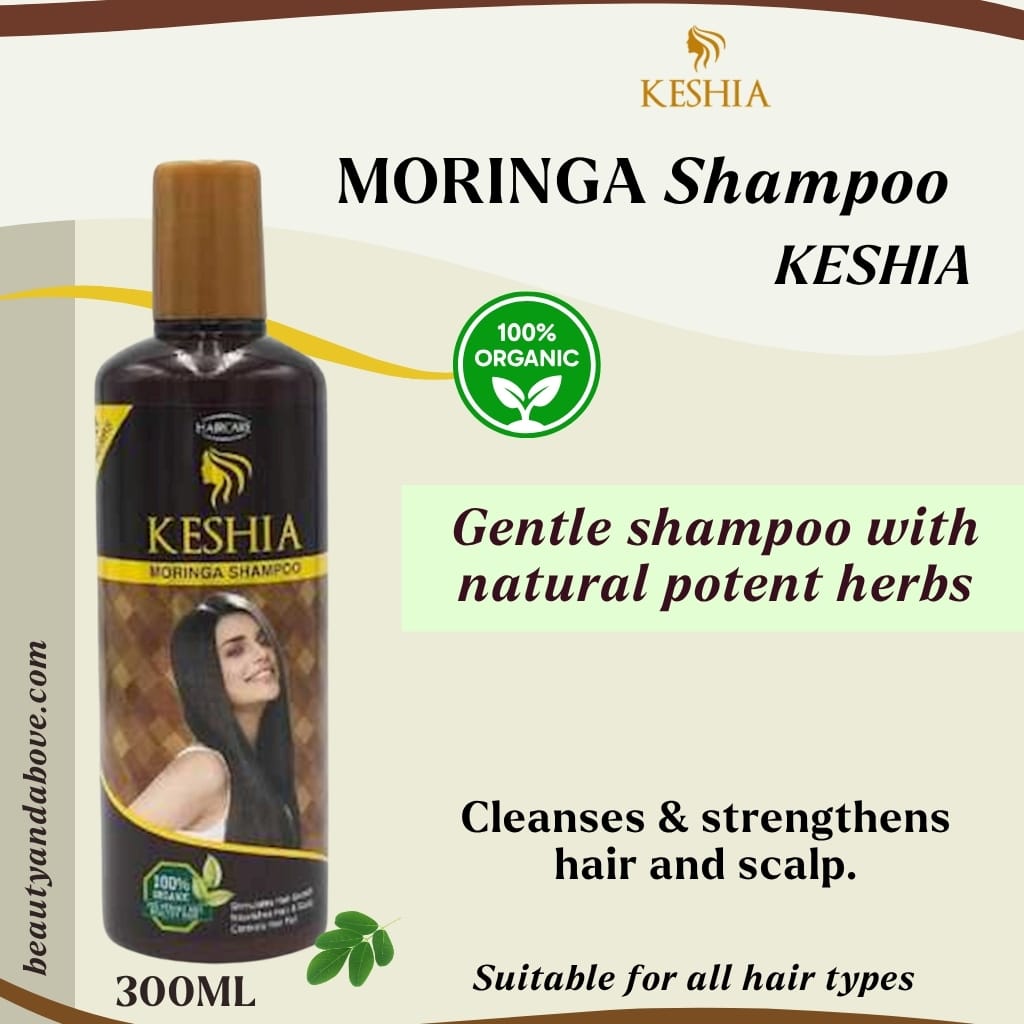 deep-cleansing-moringa-shampoo-hair-loss | beauty & above An ad for KESHIA MORINGA SHAMPOO (300ML) with the product bottle. Text highlights "Gentle shampoo with natural potent herbs", "Cleanses & strengthens hair and scalp," and "Suitable for all hair types" with a "100% Organic" label.
