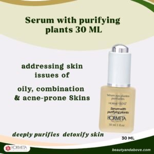 A clear product image of the Hormeta Natural Serum bottle. The text highlights that the serum, formulated with purifying plants, is ideal for oily, combination, and acne-prone skin issues.