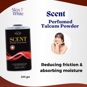 A product image of a bottle of scented talcum powder next to a girl show happiness . The text on the image highlights that it keeps skin dry all day with Reducing skin friction and absorbing moisture