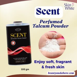 A product image of a bottle of scented talcum powder next to a hand applying powder. The text on the image highlights that it keeps skin smooth, soft, fresh, and dry all day.