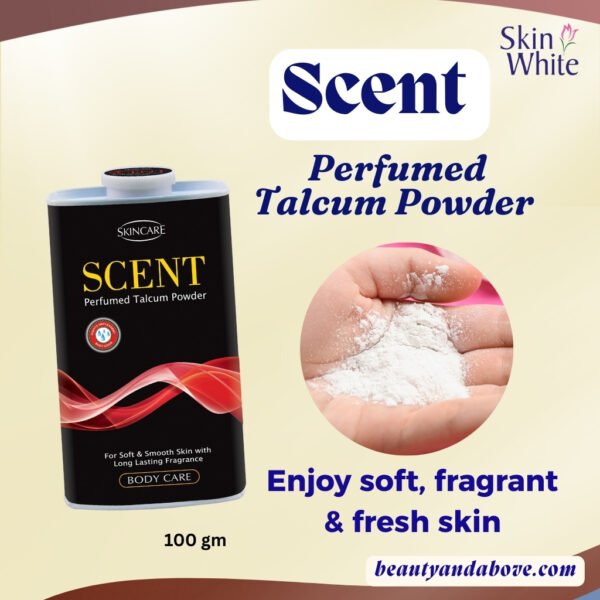 A product image of a bottle of scented talcum powder next to a hand applying powder. The text on the image highlights that it keeps skin smooth, soft, fresh, and dry all day.