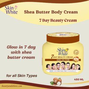 A product image of a jar of Shea butter cream. The text on the image highlights that it moisturizes, softens, and nourishes the skin and is suitable for all skin types.