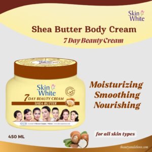 A woman's face with a circle highlighting the texture of a face cream, alongside the product bottle of "The 7-Day Shea Butter beauty cream." The text promises beautiful skin in 7 days.