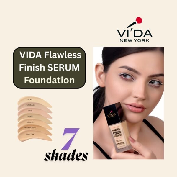 a girl hold in her hand VIDA Flawless Finish Foundation Serum inner bottle with shape show the 7 shades color of the foundation serum
