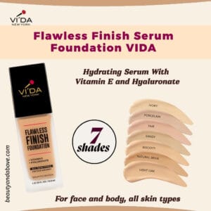 A visual highlighting the ingredients and suitability of the VIDA Serum Foundation. Text states it is hydrating, enriched with Vitamins E and Hyaluronic Acid, and suitable for all skin types.