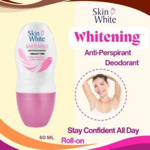 A product photo of the Skin White Whitening Anti-Perspirant & Deodorant Roll-on (Pink, 60 ML) next to a smiling woman with her arms raised, showcasing bright underarms. The image highlights "48H Lasting" protection and the benefits of brightening and deodorizing.