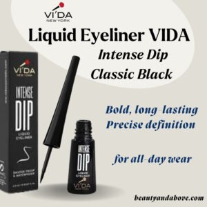 A close-up product image of the Vida Liquid Eyeliner dip bottle. The text highlights it as intense black, and water and smudge-proof.