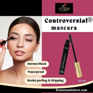 A woman applying Vida Controversial Mascara, with text highlighting "Controversial mascara," "intense black," "waterproof," and "resist peeling & dripping."