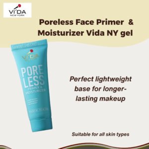 A detailed product shot of the VIDA primer, with text emphasizing that it minimizes pores, smooths lines, hydrates the skin, and extends makeup wear.