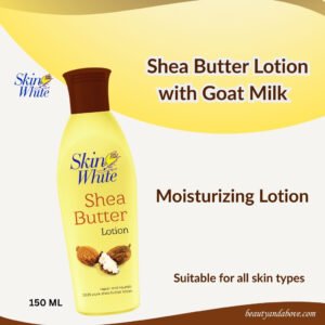 A product shot of the Shea Butter Lotion with goat milk bottle, highlighting its moisturizing benefits. It features the deep moisturizing effect