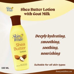 A product shot of the Shea Butter Lotion bottle, highlighting its moisturizing benefits. It features deeply hydrates, smoothing. soothing and nourishing the skin. with text suitable for all skin types so it is suitable for kuwait climate 