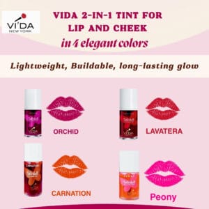 VIDA 2-in-1 Tint - 4 Elegant Colors for Lips & Cheeks | beauty & above A visual displaying the VIDA 2-in-1 tint in its four elegant and bright color shades, highlighting the range of options
