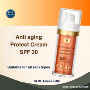 A bottle of Hormeta Anti-aging Protect Cream SPF 30, a Swiss-made product, is shown. Text on the images indicates it's an anti-aging and broad-spectrum sunscreen with SPF 30, suitable for all skin types and comes in a 30 ml airless bottle.