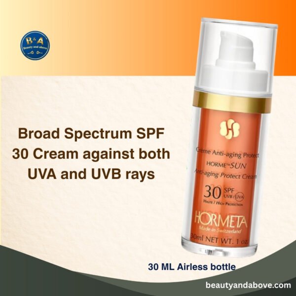A bottle of Hormeta Anti-aging Protect Cream SPF 30. The text emphasizes its "Broad Spectrum" protection against both "UVA and UVB rays" with an airless bottle design.