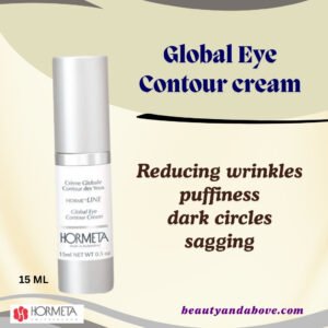 A clear product image of the Hormeta Global Eye Contour Cream tube, highlighting its 15 ML size and luxury Swiss brand. with text show its effects reducing wrinkles, puffiness, dark circles and sagging