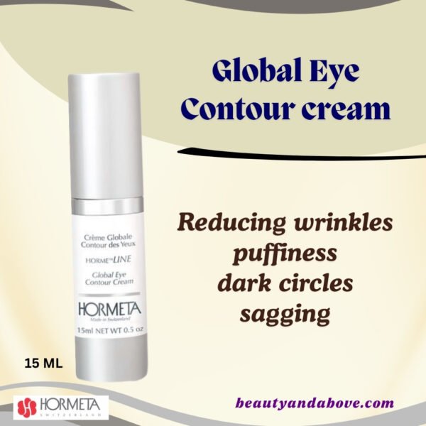 A clear product image of the Hormeta Global Eye Contour Cream tube, highlighting its 15 ML size and luxury Swiss brand. with text show its effects reducing wrinkles, puffiness, dark circles and sagging