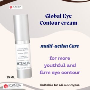 A detailed product shot of the Hormeta Global Eye Contour Cream packaging, emphasizing its multi-care, anti-aging, and Swiss-made benefits.