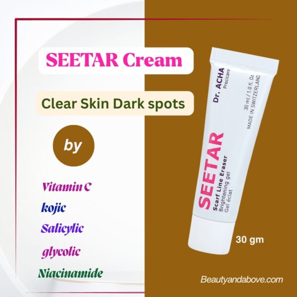 A Seetar Cream tube is displayed next to a list of its five natural ingredients: Glycolic Acid, Niacinamide, Kojic Acid, Vitamin C, and Salicylic Acid. The text also highlights its use for skin brightening and reducing dark spots.