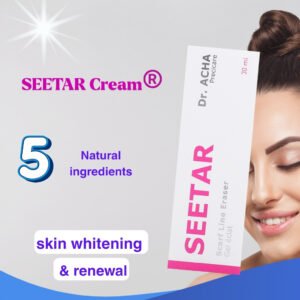 The Seetar Cream dark spot whitening box is shown next to a woman with radiant skin. The text on the image highlights "5 Natural ingredients" and " dark spot whitening skin & renewal that reflect effective dark spot whitening