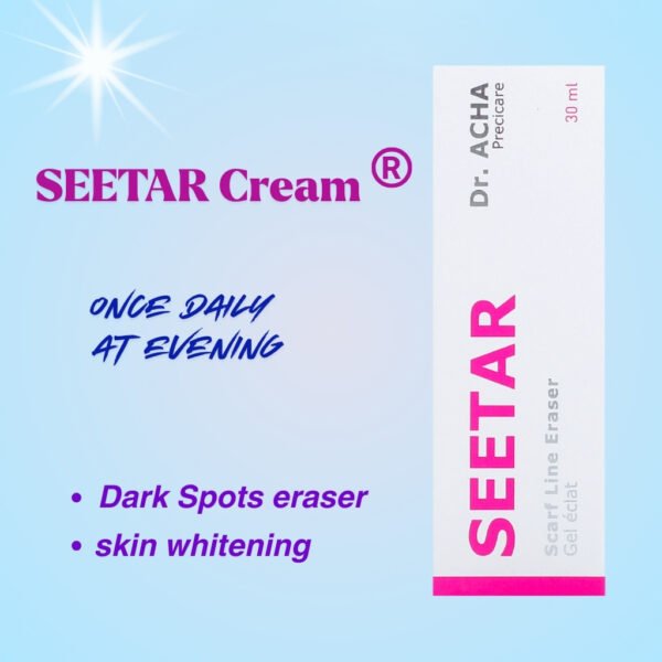 A box of Seetar Cream is shown on a blue background. The text "ONCE DAILY AT EVENING," "Dark Spots eraser," and "skin whitening" is visible, highlighting the product's benefits and recommended usage.