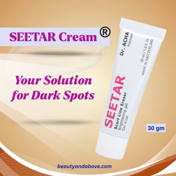 A close-up of the Seetar Brightening Gel tube against a simple background. The product label is visible, showing "SEETAR" and "Brightening Gel." with text said Your Solution for dark spot whitening