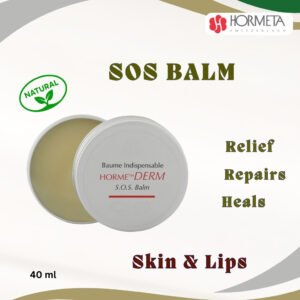 A product photo of the Hormeta S.O.S. Balm in a round tin, highlighting it as a multi-use balm for calming, soothing, repairing, and healing irritated skin and chapped lips. An icon indicates it is a natural product.