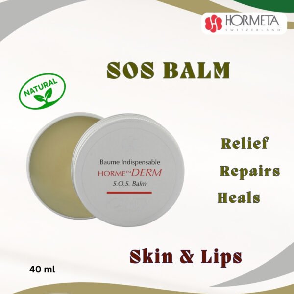 A product photo of the Hormeta S.O.S. Balm in a round tin, highlighting it as a multi-use balm for calming, soothing, repairing, and healing irritated skin and chapped lips. An icon indicates it is a natural product.