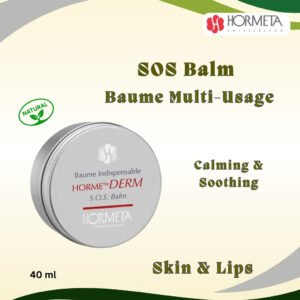 A product photo of a small, round container of Hormeta SOS. Balm. The text describes it as a multi-use balm for calming and soothing irritation, redness, roughness, and chapping on both skin and lips. An icon indicates it is a natural product.