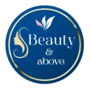 The official logo for Beauty & Above, featuring a silhouette of a woman's face and elegant leaf designs in a gold circle on a deep blue background. The text reads "Beauty & Above